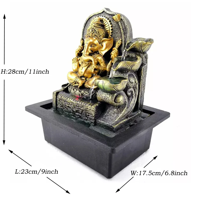 Home Office Desktop Hindu ELephant God Water Fountain Meditation Tabletop Resin Ganesha Statue Water Fountain