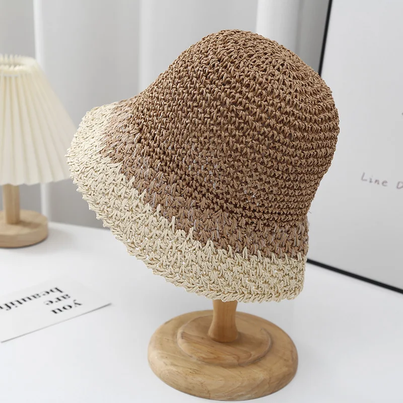 2024 Summer Beach Wide Brim With Lack Floppy Paper Straw Bucket Hat For Woman
