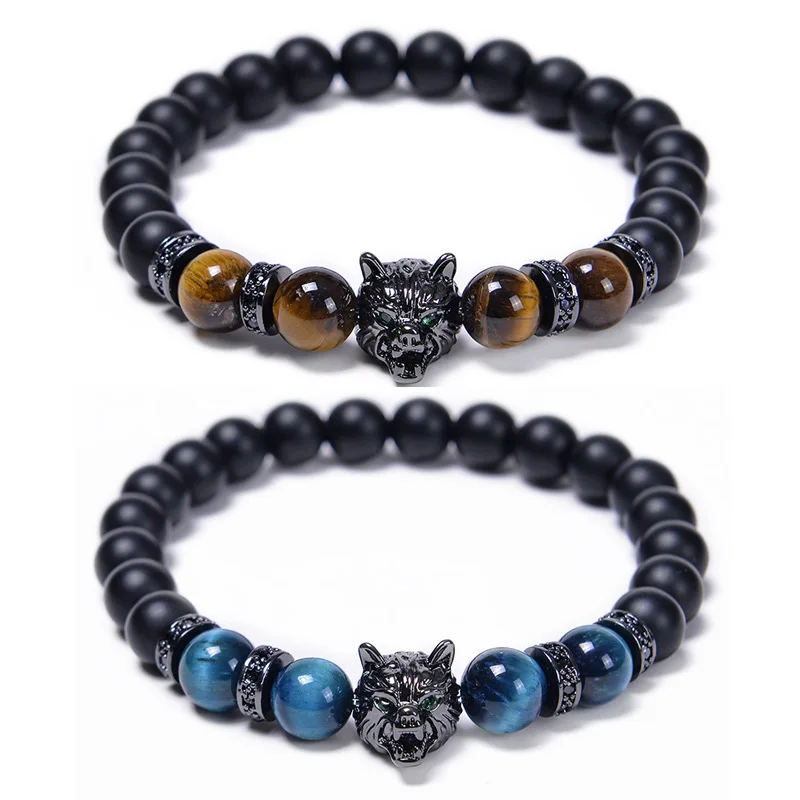 8mm Gemstone Bracelet for Men Women Handmade Copper Micro inlaid Zircon Wolf Head Stretch Tiger Eye Natural Stone Bracelet