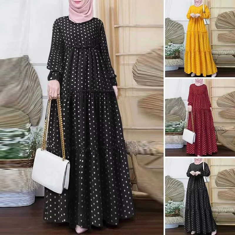 Malaysia Dubai Ramadan Party Ruffle Polka Dot Print Muslim Maxi Dress Casual Robe Islamic clothing dresses