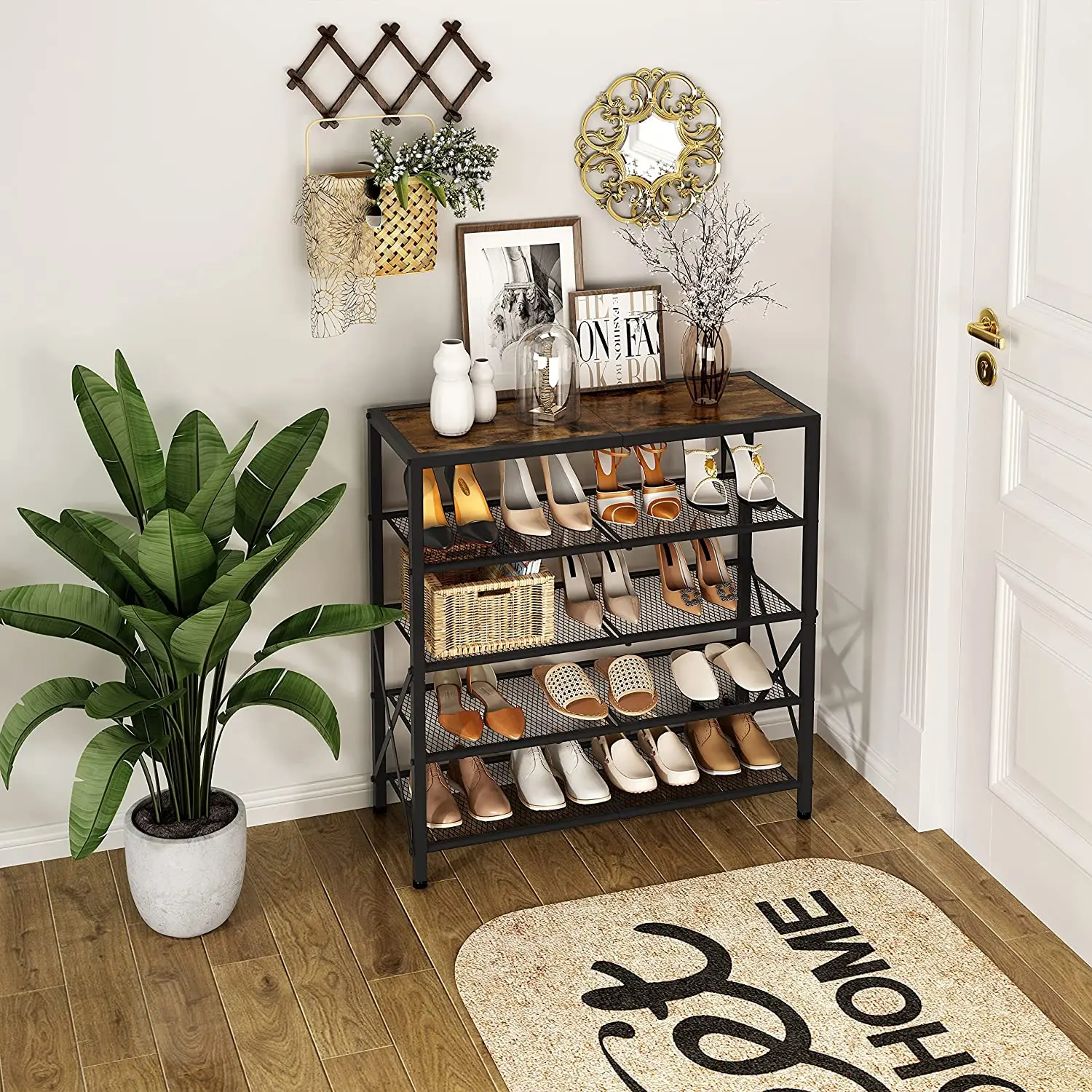 5 Tier Wardrobe Entrance Industrial Metal Mesh Shoe Storage Rack with X Fixed Frame Rustic Brown and Black
