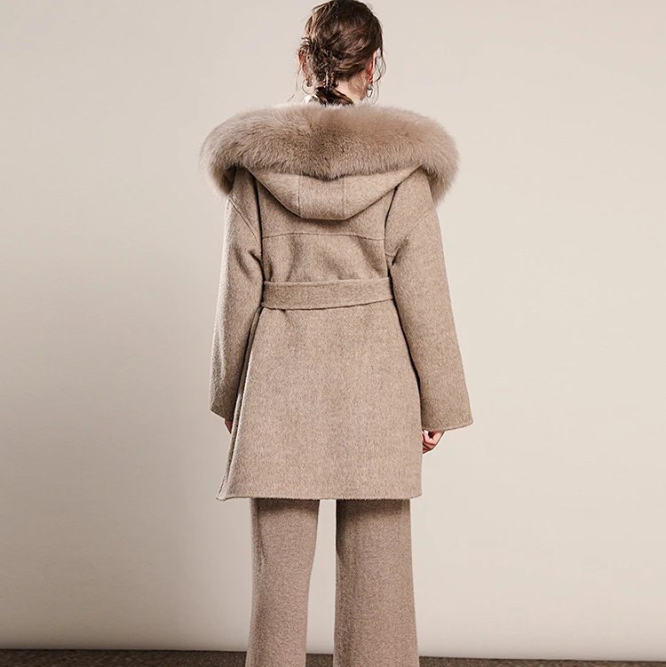 100% Cashmere Coat Women with Belt Real Fox Fur Trim Double Faced Wool Coat
