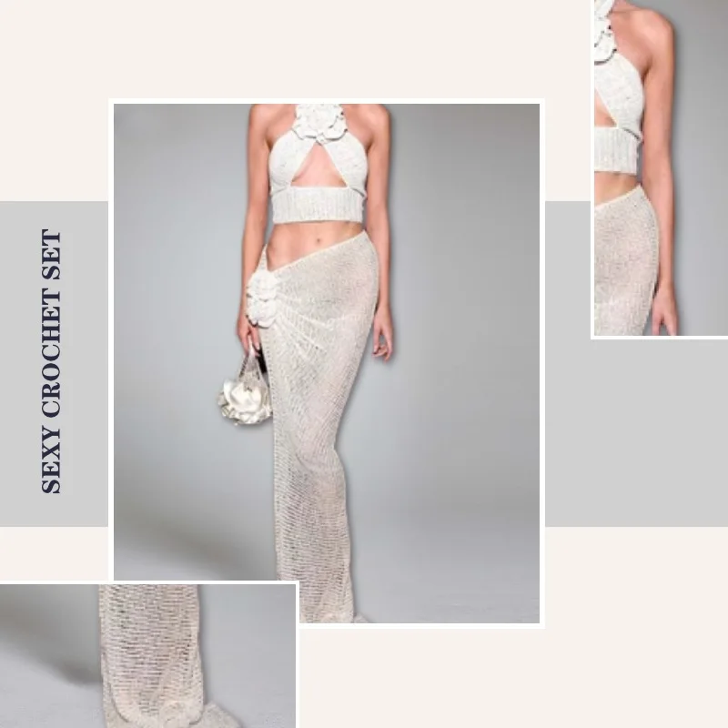 European&American summer sexy Kinked crochet slim skirt and halter top set women fashion vacation beach maxi long skirts for fem