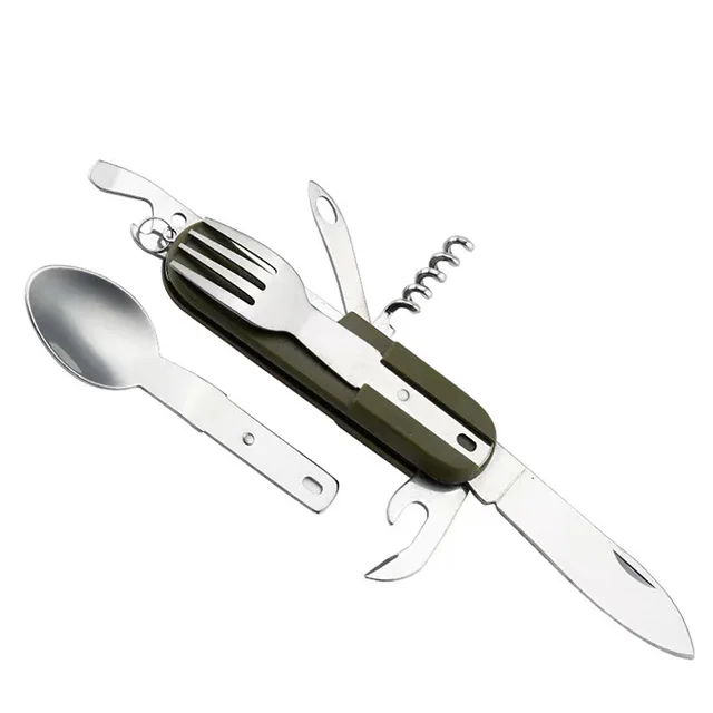 Army Green Folding Pocket Cutlery Stainless Steel Camping Tableware Knife Fork Spoon Bottle Opener