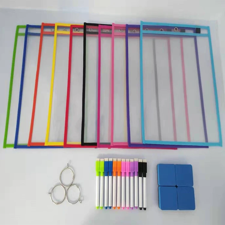 Custom Kids Reusable Flexible PVC Sleeve 30 Pack Assorted Color Dry Erase Pockets Transparent Clear Color Sleeves For Children