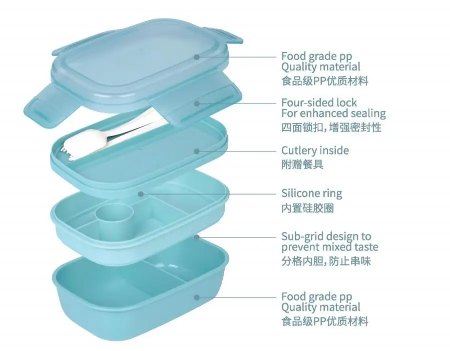Direct Factory Wholesales 1900ml Stackable Bento Box Adult Lunch Box 3 Layers All-in-One Lunch Containers with Multiple Compartm