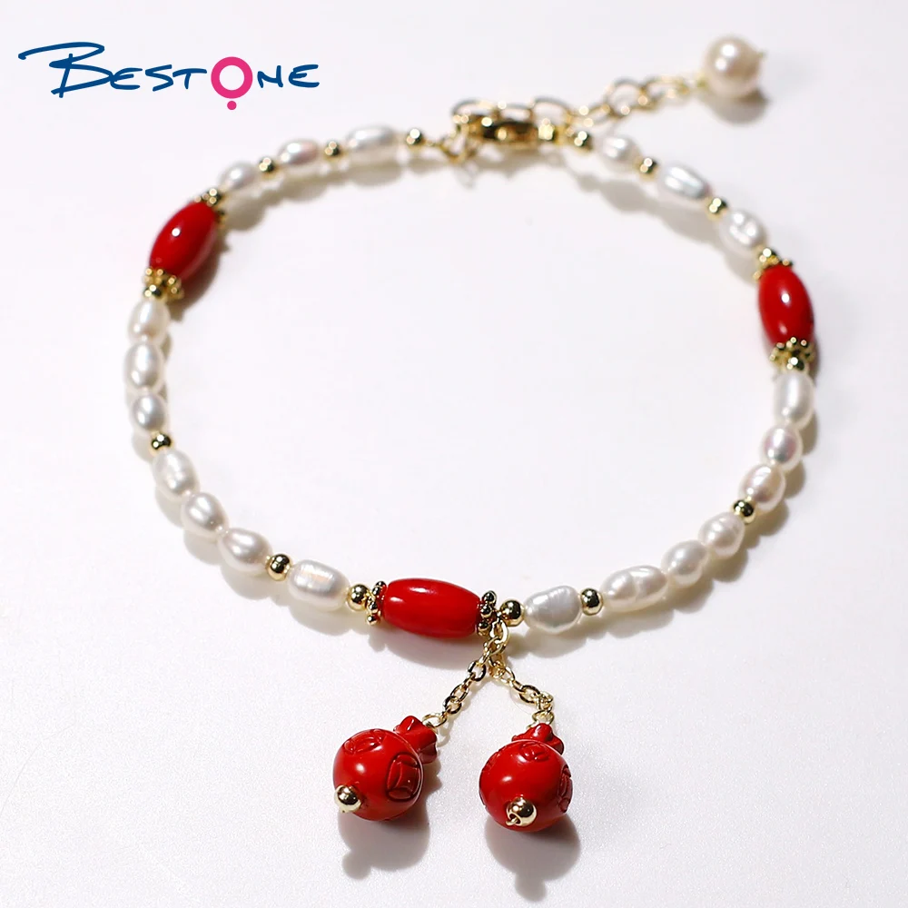 Bestone Red Sea Bamboo Beads Natural Fresh Water Pearl Bracelet with Cinnabar Lucky Bag Charm Stone