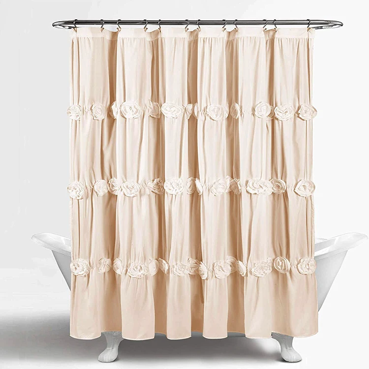 
Custom Amazon Hot Sale Floral Ruffle Shower Curtain for Bathroom Home Bath Decor with Hooks 