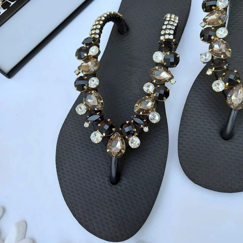 Classic Black Flip Flops Onyx Rhinestones Embellished Flip Flops Beaded Pearls Thong Slippers Wholesale
