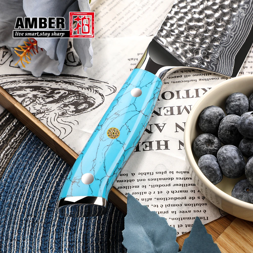 6 inch Ultra sharp damascus knife 67 layer boning knife with pine resin handle with blue turquoise Handle