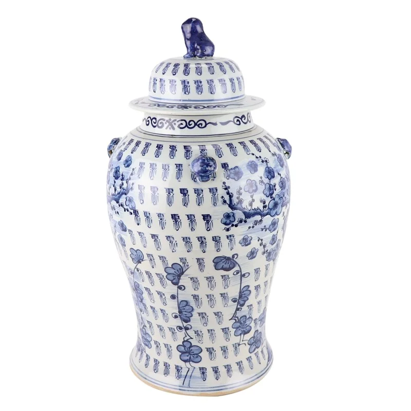 RZOT03-I Blue and white plum and longevity words with lion head ceramic ginger jar