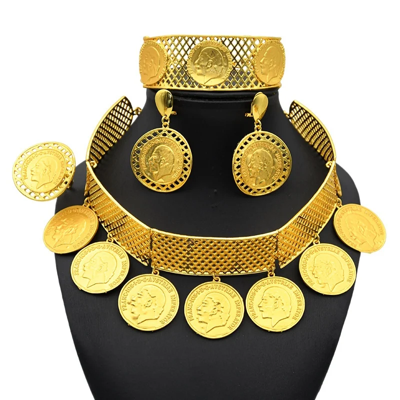 Luxury Dubai Gold Jewelry Sets African Women Wedding Indian Jewellery Ethiopian Coin Big Necklace Earrings Bracelets Rings Set