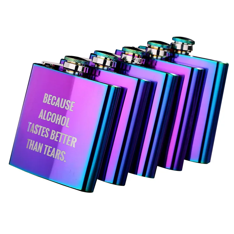 Custom Engraved 6oz Black Stainless Steel Holographic Hip Flask Set Oem Flagon Wine Pot Wedding Favors Dropshipping  Gifts