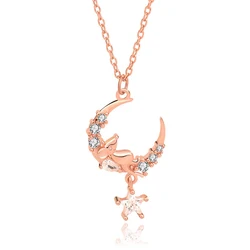 925 Sterling Silver Five Pointed Star Zircon Sleep Mouse Moon Necklace