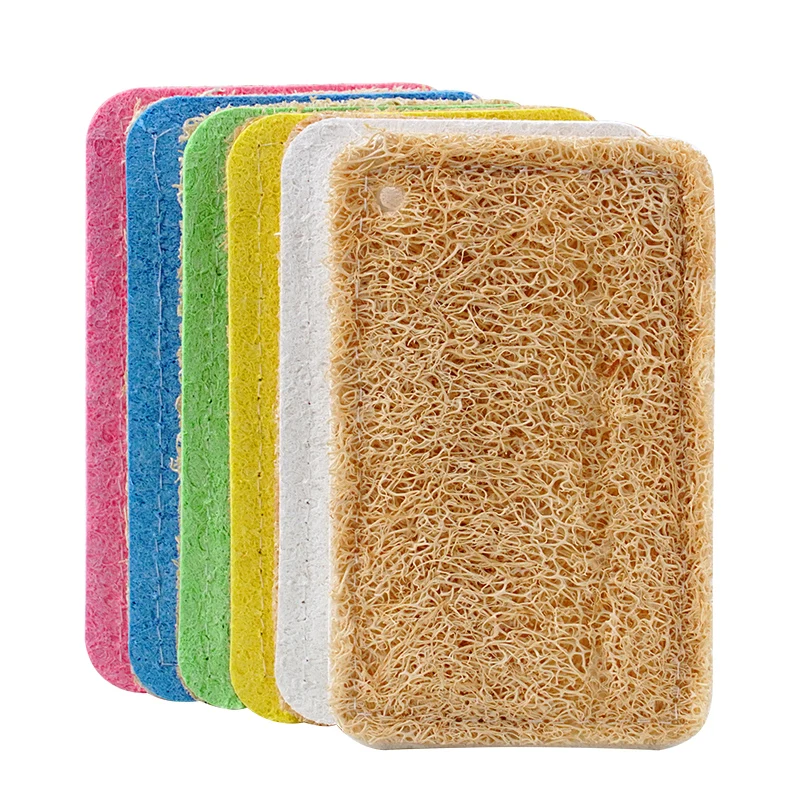 Compressed rectangle natural wood pulp cellulose sponge with loofah for dishes washing biodegradable sponge for home cleaning