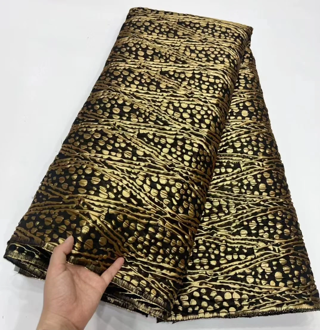 Latest design gold threads jacquard lace fabric polyester garment materials