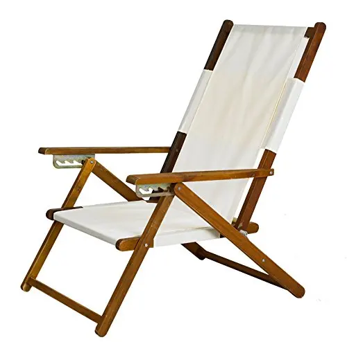 White Fabric Wood Folding Beach Chair with Carry Strap perfect for Deck Patio Lawn and Camping