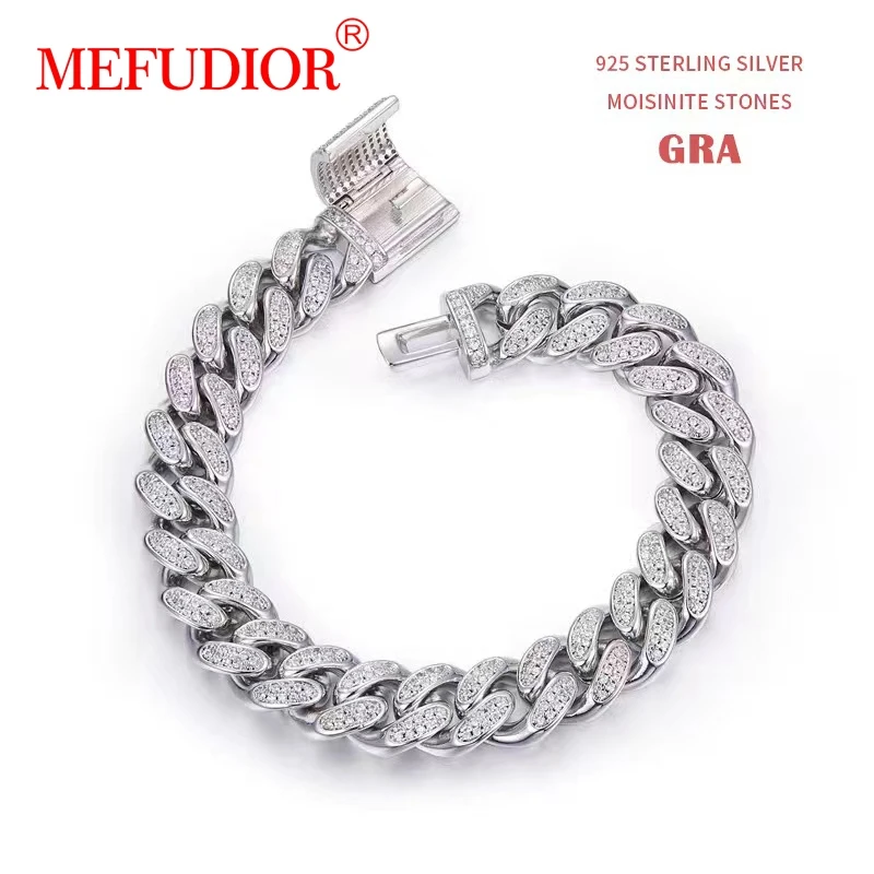 Personalized Moissanite Jewelry Hiphop 18K White Gold 925 Sterling Silver Cuban Chain Bracelet Custom 12mm Cuban Link Bracelet