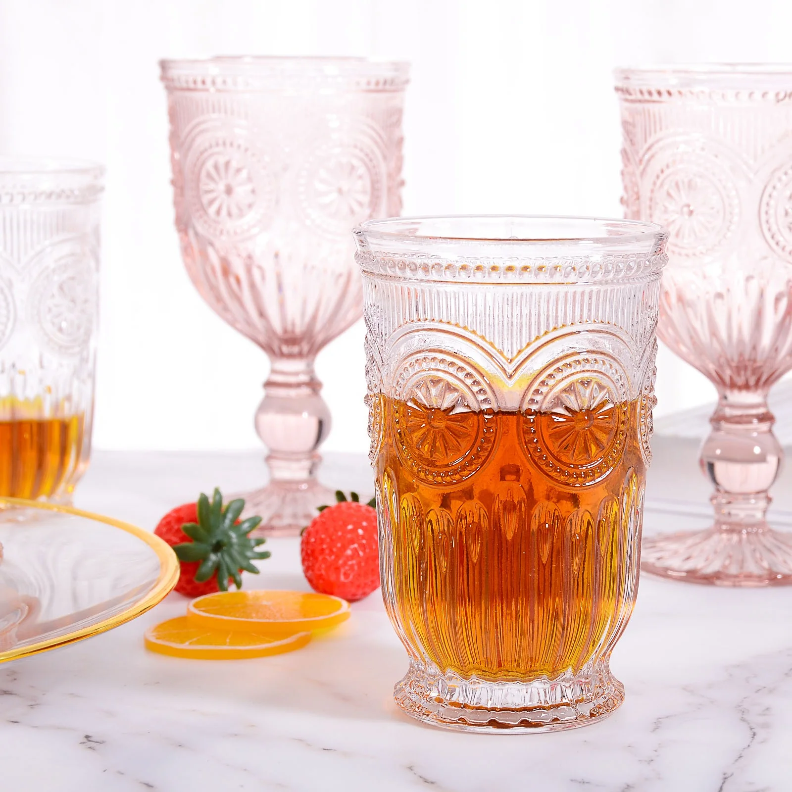 Samyo Wholesale Crystal Relief Pink Blue Orange Solid Glass Water Goblets Custom Logo Vintage Embossed Red Wine Glasses
