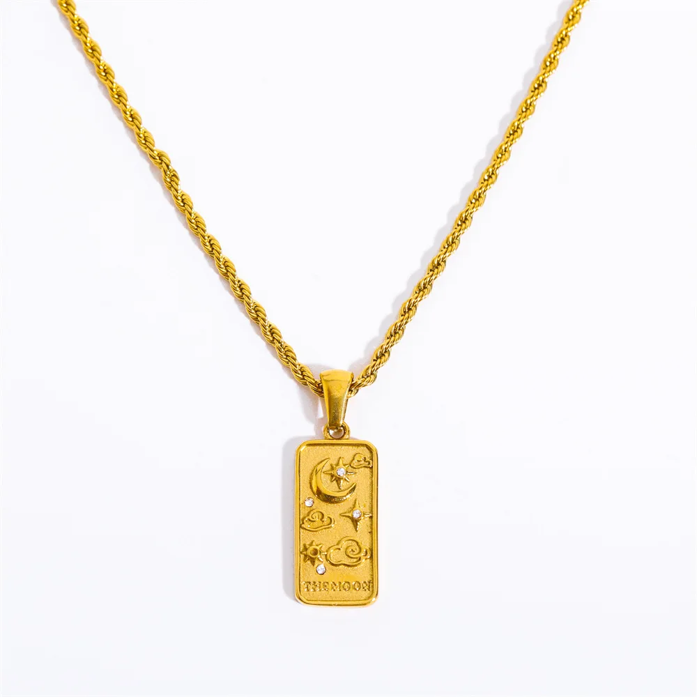 N2056 Waterproof Square Plate Necklaces 18K Gold Plated Stainless Steel Zircon Inlay Star Moon Leopard Relief Tarot Necklaces