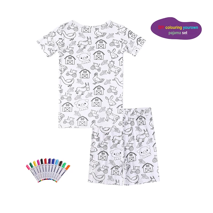 3-6T Loungewear Sleep Wears Children summer short sleeve Sleeping Clothes Graffiti DIY Coloring Kids Boys Girls pajamas sets