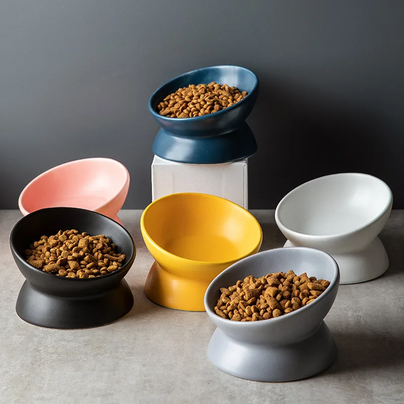 New Ceramic Cat Dog Bowl Diagonal High Foot Neck Protection Dog Cat Food Bowl Pet Supplies