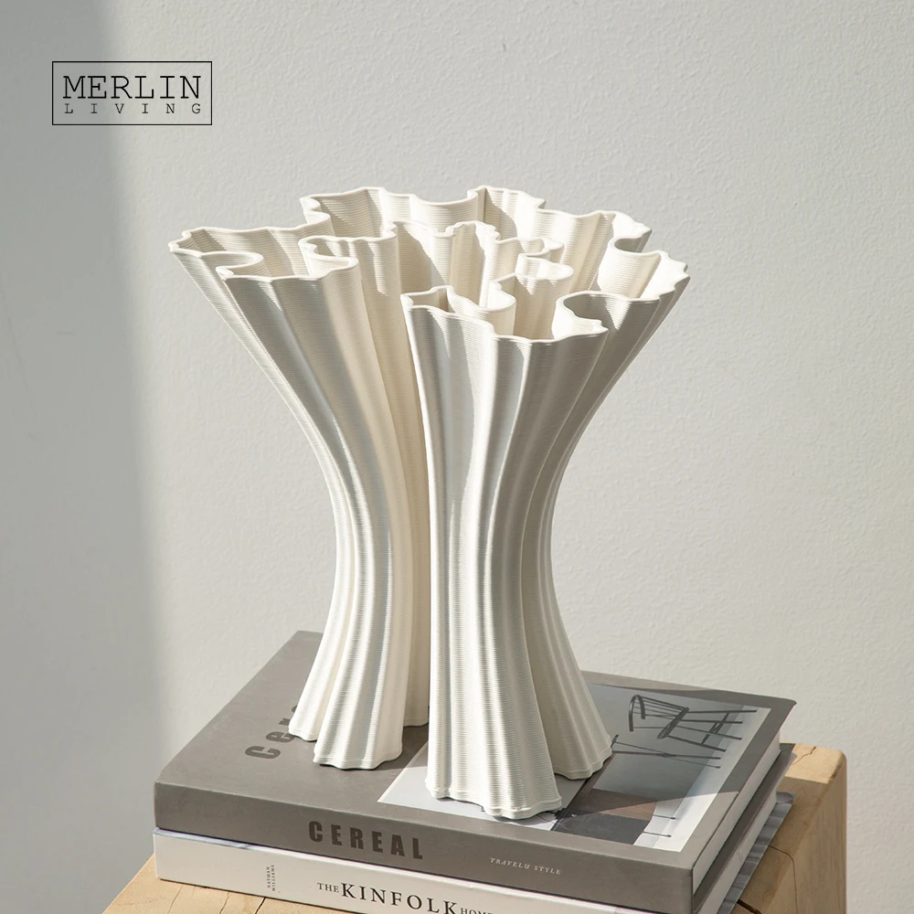 Merlin Living 3D Printing Vase irregular folding shape white vase ceramic decoration Chaozhou Ceramic Factory Manufacturing