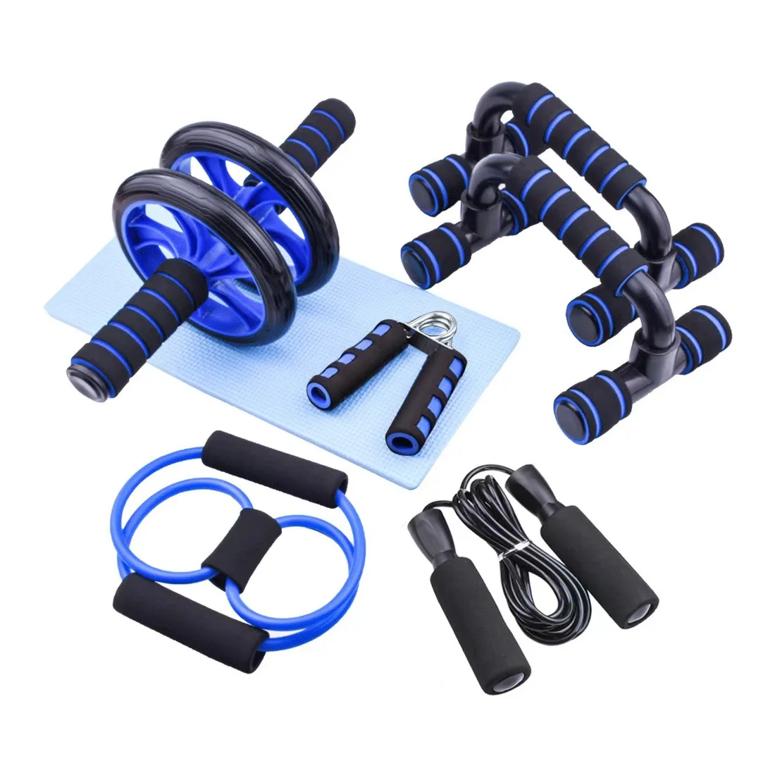 Multifunctional Portable Fitness Jump Rope Hand Gripper Push-up Bar Knee Pad 5-in-1 Ab Wheel Roller Kit