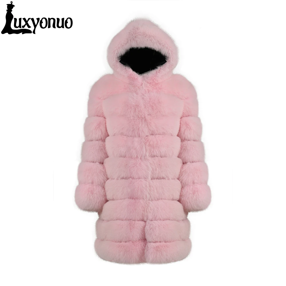 Winter Long Luxury Pink Real Fox Fur Coat With Hood Design Custom Style Wholesale Women Custom Fox Fur Coat