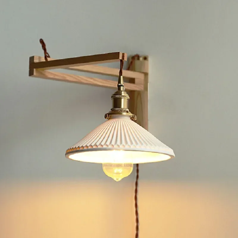 Modern Folding Wall Lamp Retractable Walnut Solid Wood Household Bedroom Bedside Living Room Decoration Light Gift