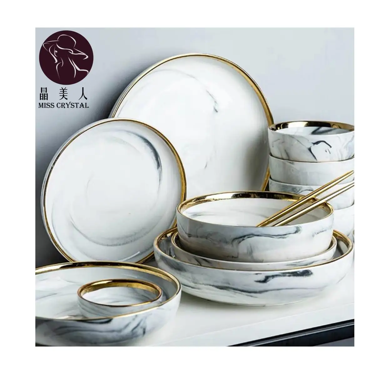 Ceramic Dinner Plates Set Dish Marble Design Steak Food Plate Salad Soup Bowl Dessert Cake Plate Dinnerware Set Restaurant Hotel