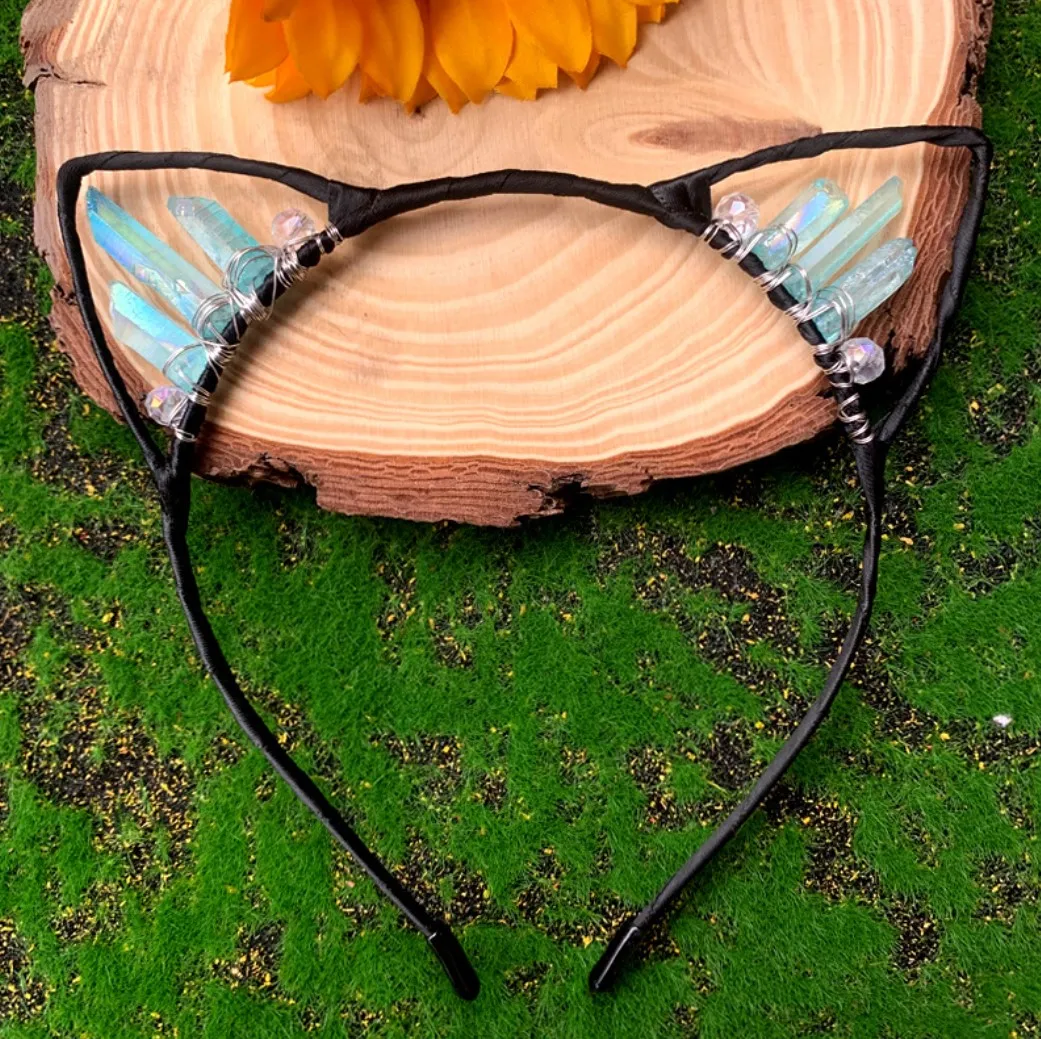 Handmade Animal Cat Ear Natural Crystal Crown Headbands Hair Band