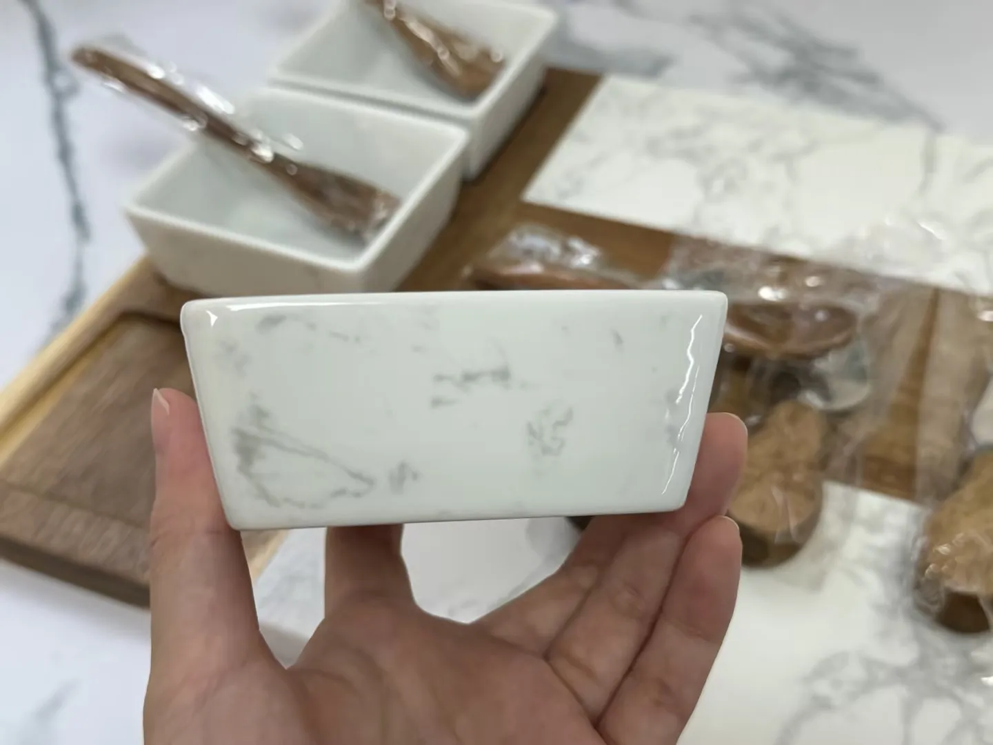 Wholesale Cheese Tools Marble Acacia Wooden Charcuterie Cheese Board With 3 Ceramic Bowls cheese board set