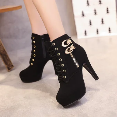 HLS098 New Design High Help Martin Boot Korean Heels Shoes Women Boots High Quality Fashion PU ZIP Winter Boots Plain Daily