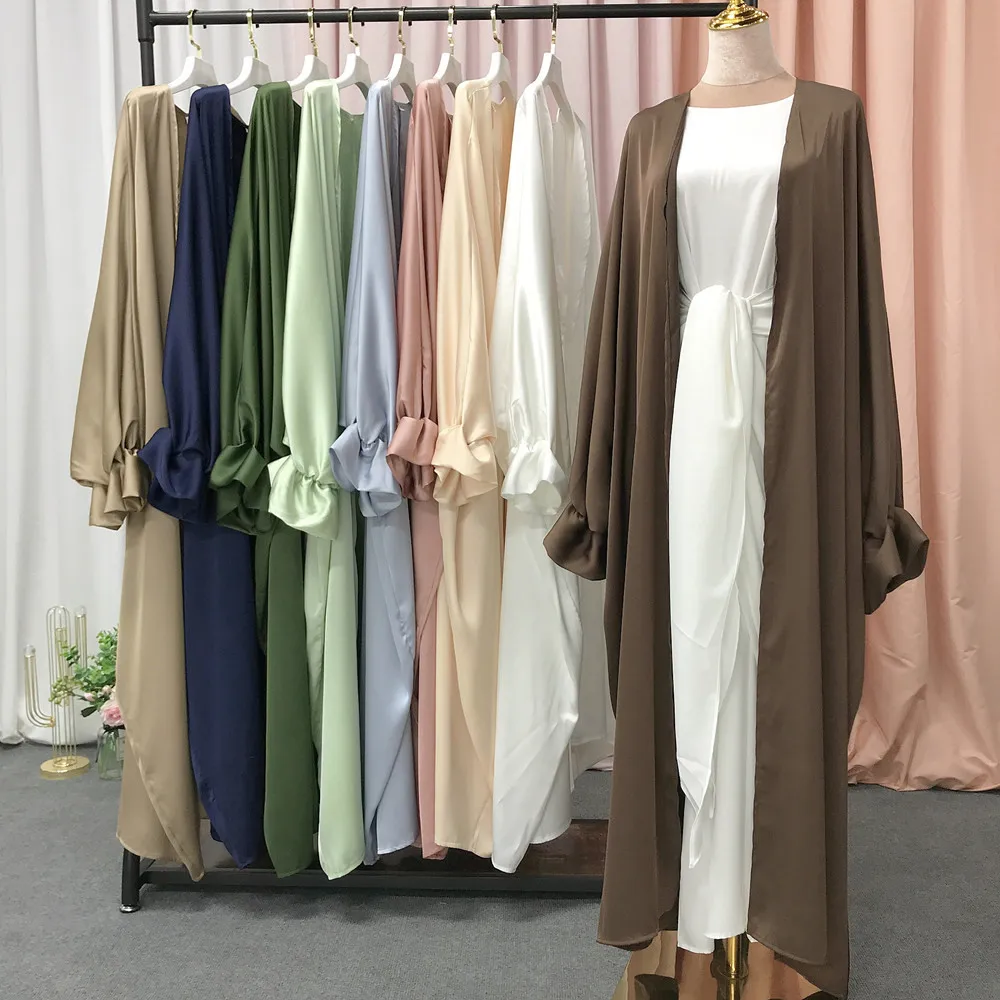 Fashion Puff Sleeve Islamic Cardigan Robe Abaya Muslim Elegant Satin Solid Color kimono Abaya Dubai