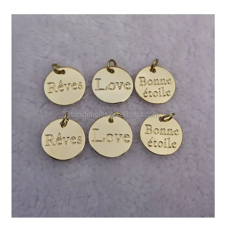 Solid 10mm Circle Shape Metal Jewelry Bracelet Tags With Logo Engraved Real Gold Discs