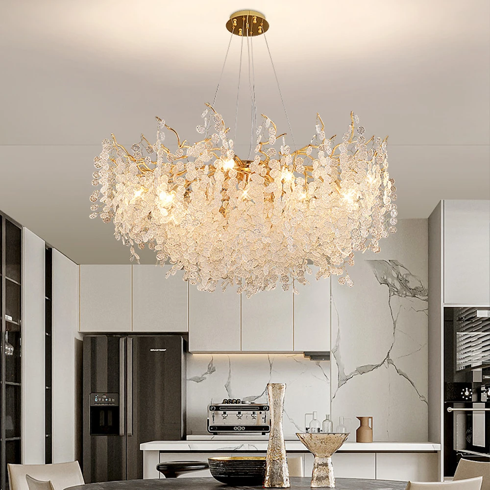 French Large Aluminum Golden Snow Glass Home Creative Branch Chandelier Led For Living Room Bedroom Chandelier Light