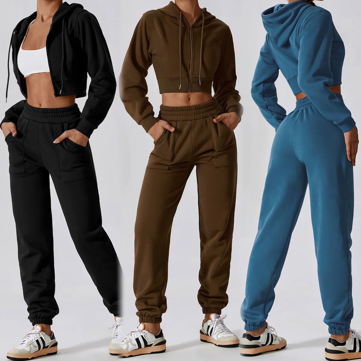 Wholesale 2Pcs Fleece Lined Crop Tracksuits Hooded Jacket with Full Zipper and Jogger Pants for Women, Private Label Sweatsuits