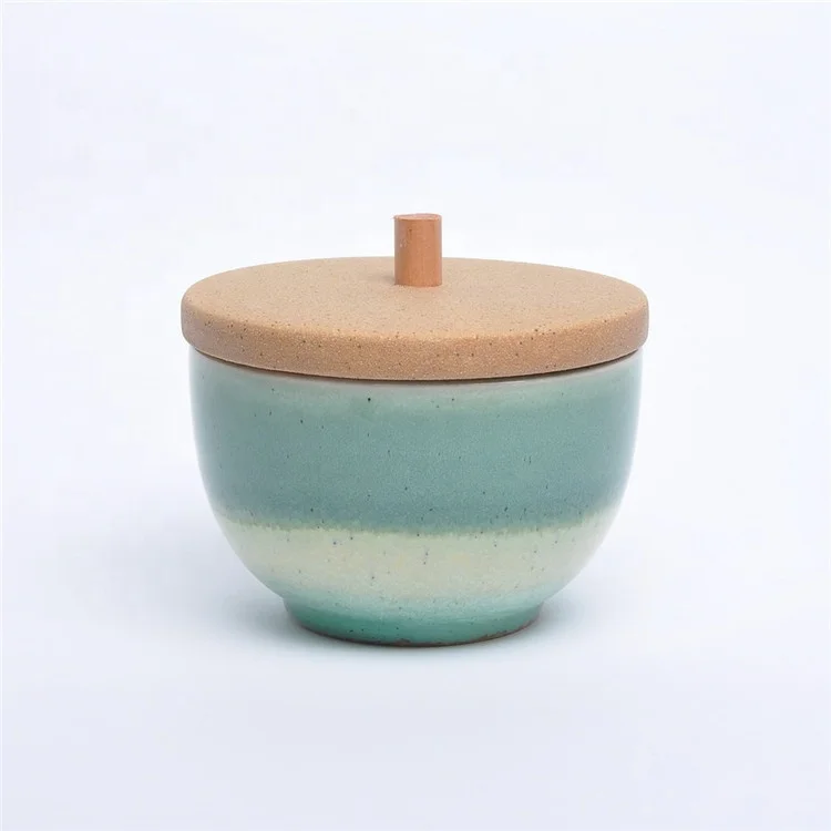 Hot sale kitchen food spice ceramic jar with wooden lid cheap handmade storage canister