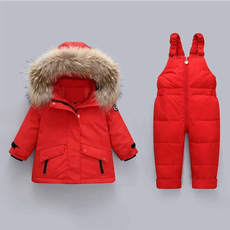 Wholesale Windproof Baby Boy Snowsuit Winter Clothes Toddler Snow Pants and Jacket Kids Girls Down Hoodie Baby Clothes Set Coats