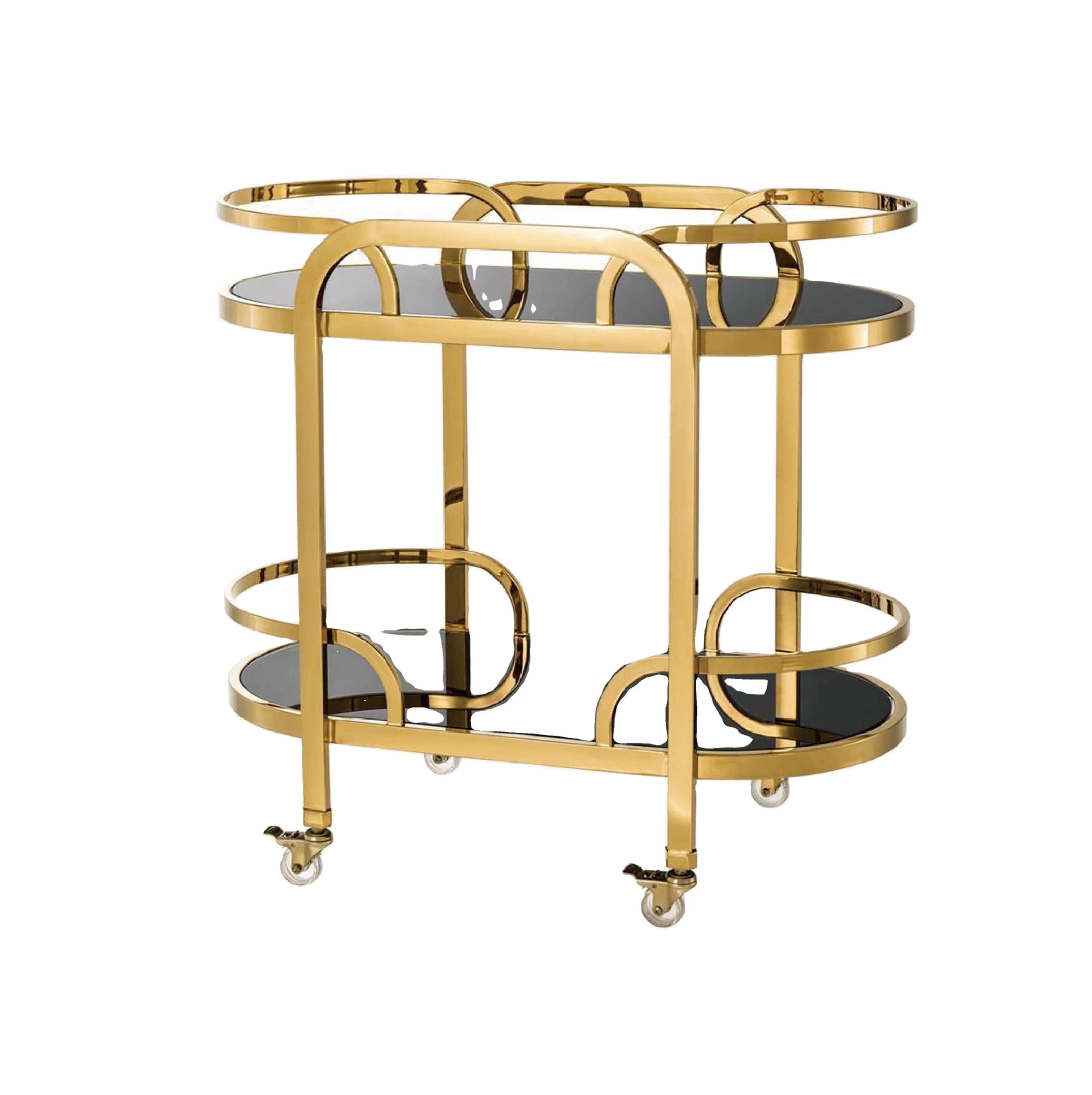 
Luxurious black glass gold stainless steel trolley with wheels 