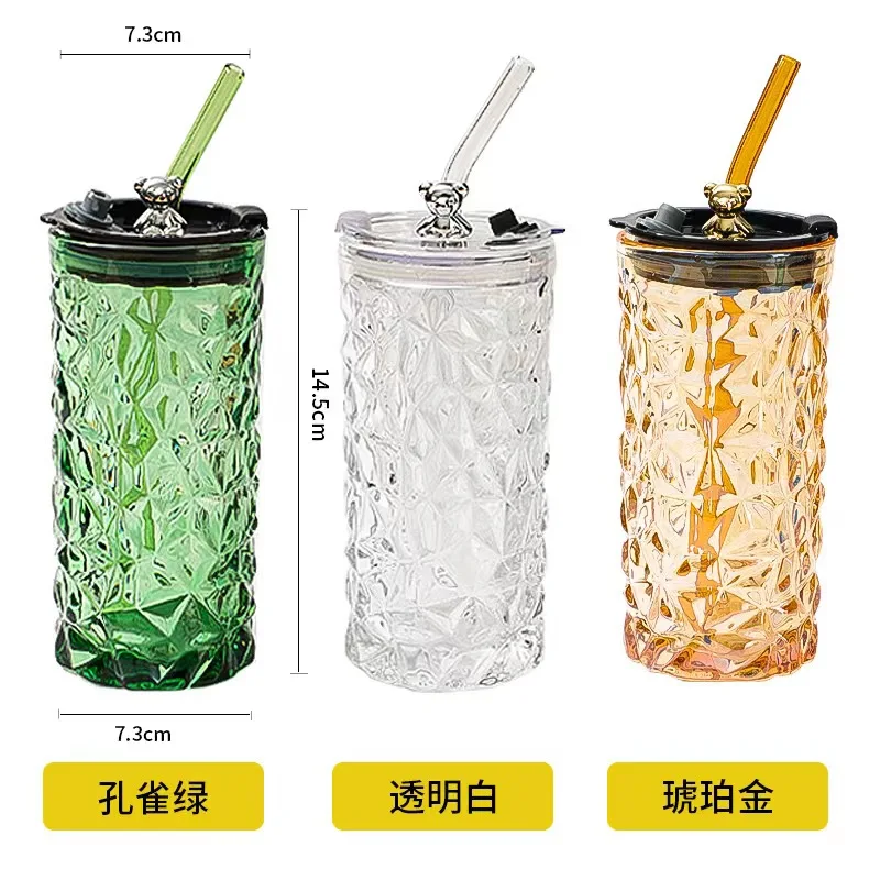 Bear series glasses with straw cups cute office cups milk cups to drink 400ml bottles