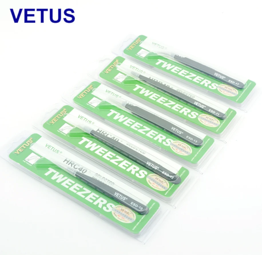 100% Original VETUS Anti-Static Stainless Steel Eyelash Extension Tweezers ESD-10/11/12/13/14/15/16/17 for Eyelashes Grafting