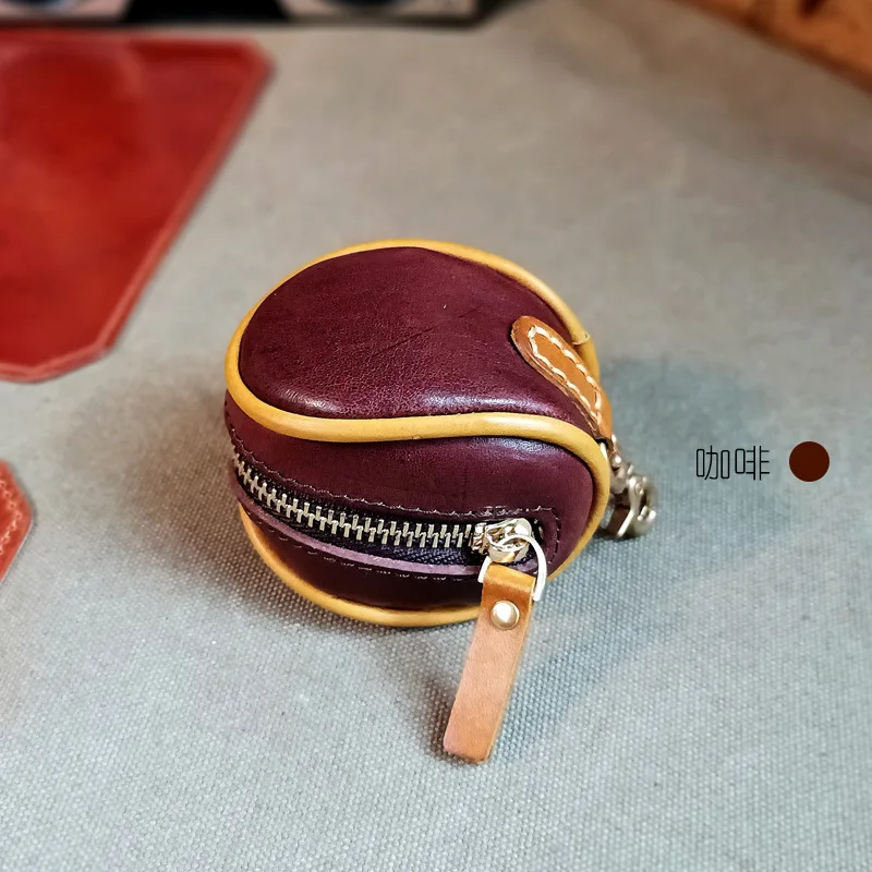 2024 Wholesale leather retro compact cowhide earphone storage bag men and women genuine oil waxed leather mini coin wallet purse
