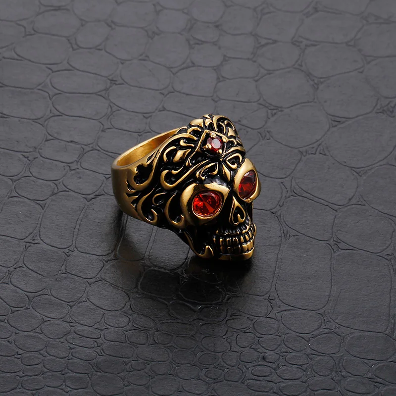 KALEN Vintage Gold Skeleton Head Stainless Steel Red Zircon Men Finger Ring