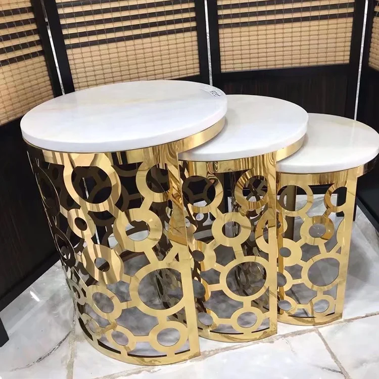 Living room furniture marble top stainless steel gold round coffee table set