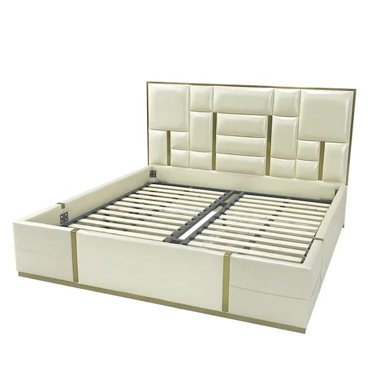 
Luxury bed room furniture super king size headboard metal slat platform bed frame white couple leather queen size double bed 