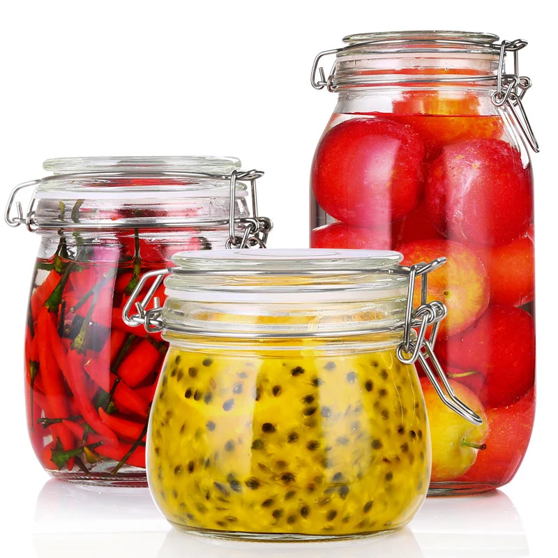 Manufacturer Empty Round Pickle Jam Fruit Wine Enzyme Jars 500ml 750ml 1 L Canning Sealed Glass Jar With Clip Lid