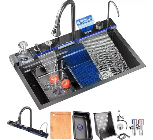 Waterfall Kitchen Sink 304 Stainless Steel Sink Digital Display Large Single Slot Smart Sink With Waterfall Faucet