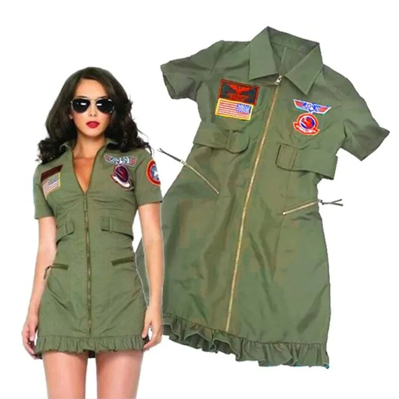Top Gun Womens 80s Costume Army Aviator Flight Dress Fighter Pilot Air Force